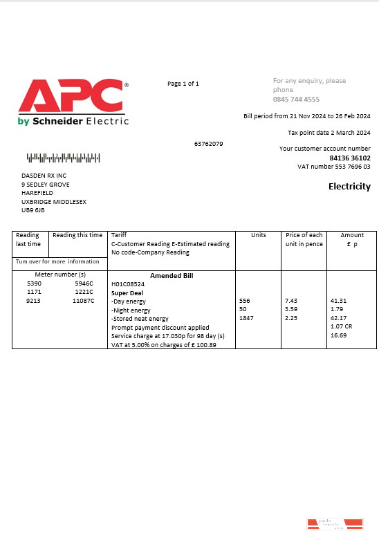 United Kingdom APC electricity business utility bill template in Word and PDF formats